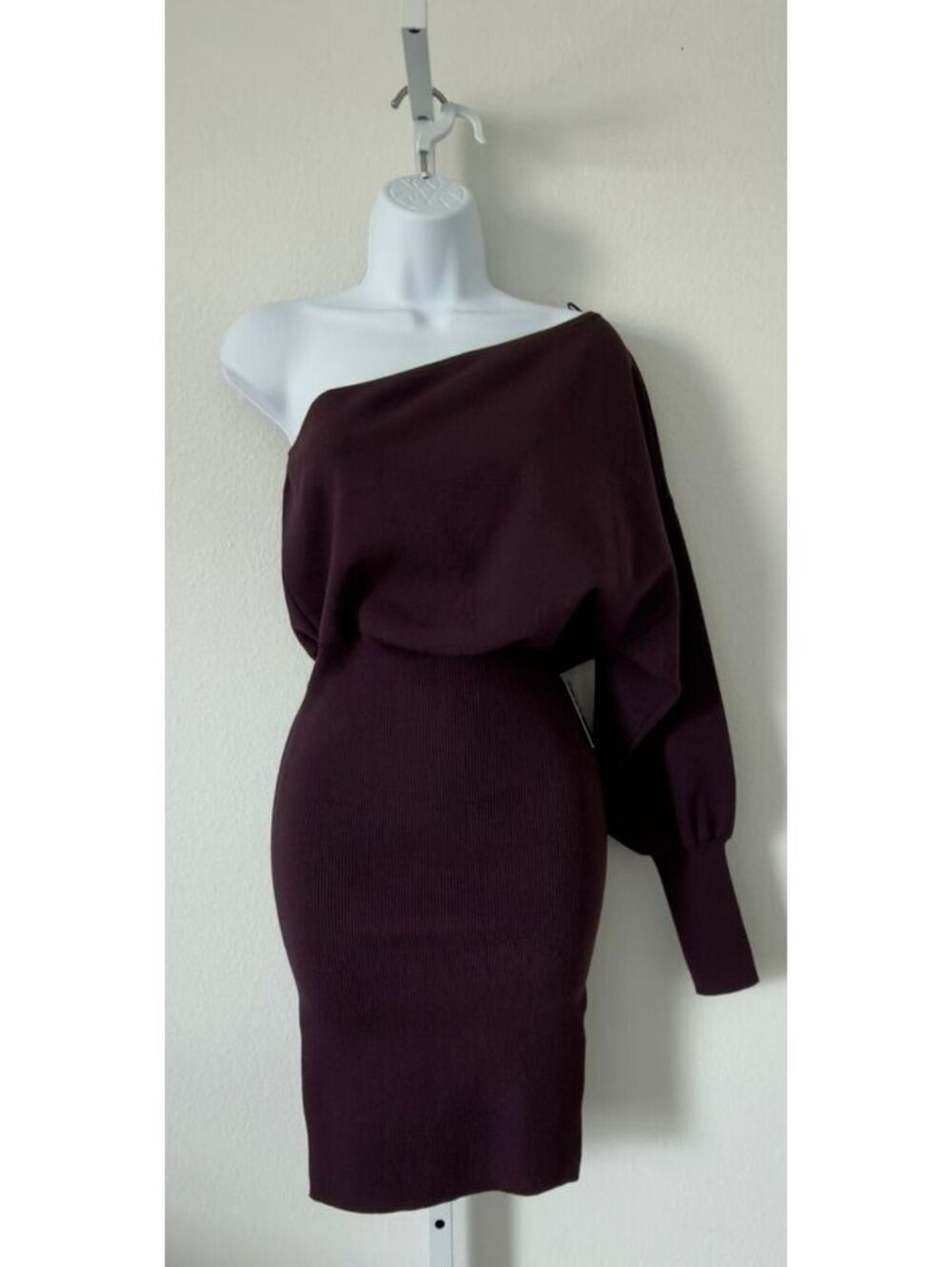 Express One Shoulder Plum Knit Long Sleeve Bodycon Sweater Dress Women Size S